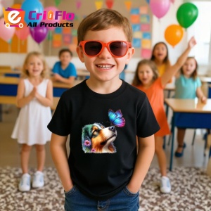 Tricou Collie australian cu fluture mov si roz pe nas design pastelat Copii | Dama | Barbat, negru - Img 9
