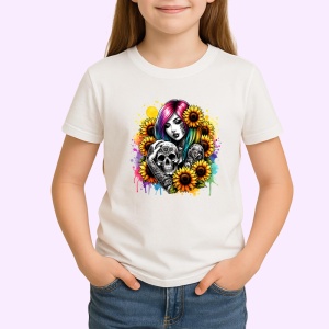 Tricou colorful skull and girl sunflowers, fata si craniu colorat cu floarea soarelui, Copii | Dama | Barbat