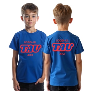 Tricou copii albastru personalizat cu logo-ul companiei - Fata + Spate