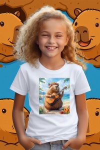 Tricou copii Capybara - Canta la chitara Ukulele pe o plaja in Hawaii - Img 2