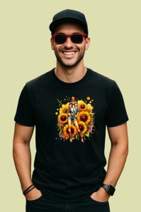 Tricou Cowgirl pose sunflowers background, cowgirl cu fundal floarea soarelui, Copii | Dama | Barbat , tricou negru - Img 3