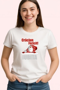 Tricou Craciun Fericit Iubita Model Simplu, din bumbac 100%, tricou alb, Dama | Barbat - Img 2