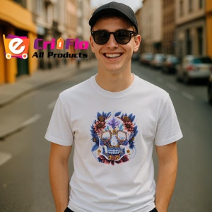 Tricou Craniu albastru mov si flori colorate fundal alb Copii | Dama | Barbat - Img 6