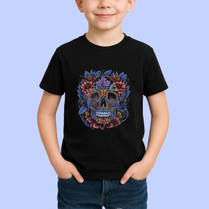 Tricou Craniu albastru mov si flori colorate fundal alb Copii | Dama | Barbat, culoare negru - Img 4