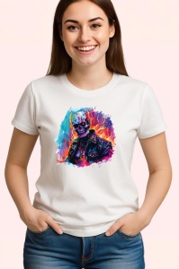 Tricou Craniu biker in flacari fundal alb Copii | Dama | Barbat - Img 3