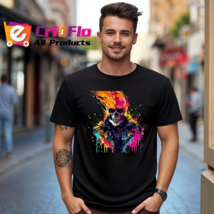 Tricou Craniu biker inflacarat cu jacheta de piele Copii | Dama | Barbat, culoare negru - Img 6