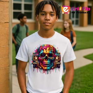 Tricou Craniu cu coroana si casetofoane stil street art colorat Copii | Dama | Barbat - Img 5