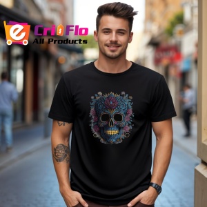 Tricou Craniu cu flori tropicale si bandana fundal alb Copii | Dama | Barbat, culoare negru - Img 6