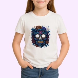 Tricou Craniu cu trandafiri visinii si fundal alb Copii | Dama | Barbat - Img 4