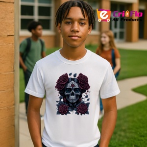 Tricou Craniu floral cu trandafiri rosii stil dia de los muertos Copii | Dama | Barbat - Img 4