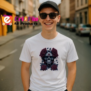 Tricou Craniu floral cu trandafiri rosii stil dia de los muertos Copii | Dama | Barbat - Img 5