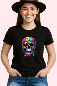 Tricou Craniu multicolor cu vopsea curgatoare fundal alb Copii | Dama | Barbat, culoare negru - Img 3