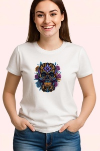 Tricou Craniu negru cu aur si trandafiri violet fundal alb Copii | Dama | Barbat - Img 3
