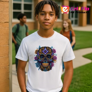 Tricou Craniu negru cu aur si trandafiri violet fundal alb Copii | Dama | Barbat - Img 5