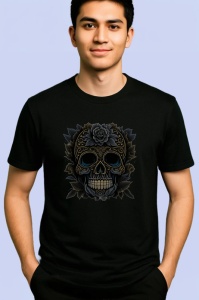 Tricou Craniu negru elegant cu flori aurii fundal alb Copii | Dama | Barbat, culoare negru - Img 2