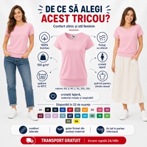 Tricou Damă 100% Bumbac cu Bandă Jos – Croială Lejeră, 22 Culori, XS-3XL - Img 2