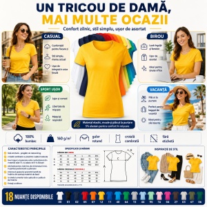 Tricou Damă Basic Free din Bumbac, Guler Rotund, Croială Cambrată, Fără Etichetă, 18 Culori, XS–2XL - Img 6