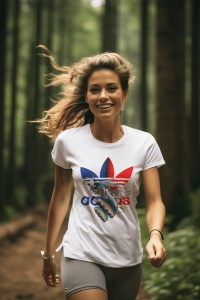Femeie alergând printr-o pădure purtând un tricou alb cu un design grafic colorat cu un personaj din desene animate pe role(Bugs Bunny), având părul în vânt și un zâmbet larg.