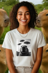 Tricou dama CapyBara - selfie UFO alb negru
