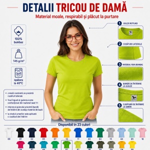 Tricou Damă din Bumbac 100%, Guler Rotund, Slim fit cambrat, XS-2XL, 23 Culori - Img 4