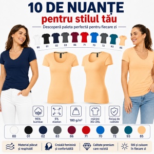 Tricou Damă Elastic cu Decolteu Adânc, Croială Slim Fit, 95% Bumbac, 5% Elastan, 10 Culori, XS–2XL - Img 7
