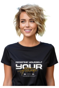Femeie cu păr blond scurt, purtând un tricou negru cu mesajul 'Redefine Yourself Your Attitude' scris în alb și galben, stil modern și casual