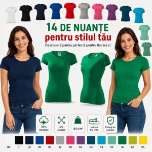 Tricou Damă Slim Fit Elastic, 95% Bumbac și 5% Elastan, Guler Rotund, Mâneci Scurte, 14 Culori, XS–2XL - Img 7