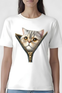 Femeie purtând un tricou alb cu un design ce ilustrează fața unei pisici gri cu ochi portocalii, apărând din spatele unui fermoar deschis.