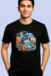 Tricou Delfini sarind in valuri cu flori tropicale Copii | Dama | Barbat, culoare negru - Img 2
