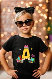 Tricou din bumbac 100% pentru copii, litera A, Back To School, educatie, creioane, carti - Img 6