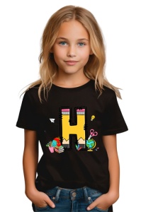 Tricou din bumbac 100% pentru copii, litera H, Back To School, educatie, creioane, carti - Img 2