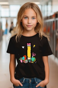 Tricou din bumbac 100% pentru copii, litera I, Back To School, educatie, creioane, carti - Img 6
