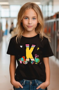Tricou din bumbac 100% pentru copii, litera K, Back To School, educatie, creioane, carti