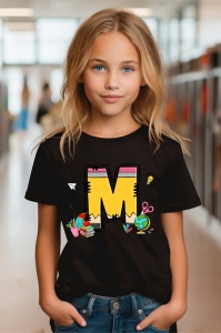 Tricou din bumbac 100% pentru copii, litera M, Back To School, educatie, creioane, carti
