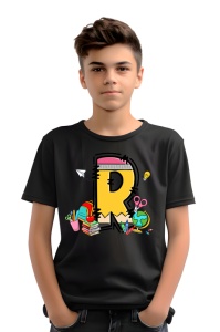 Tricou din bumbac 100% pentru copii, litera R, Back To School, educatie, creioane, carti - Img 2