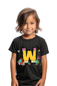 Tricou din bumbac 100% pentru copii, litera W, Back To School, educatie, creioane, carti - Img 3