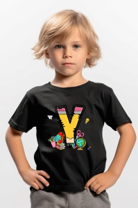 Tricou din bumbac 100% pentru copii, litera Y, Back To School, educatie, creioane, carti - Img 6