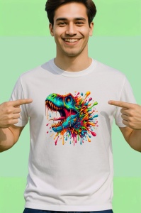 Tricou Dinozaur curcubeu cu ochelari fundal rosu Copii | Dama | Barbat - Img 2