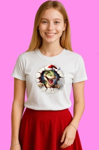 Tricou Dinozaur Verde Cu Caciula Mosului Craciun, din bumbac 100% Copii | Dama | Barbat - Img 2