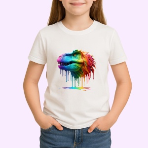 Tricou Dinozaur verde portocaliu cu vopsea fundal alb Copii | Dama | Barbat - Img 3