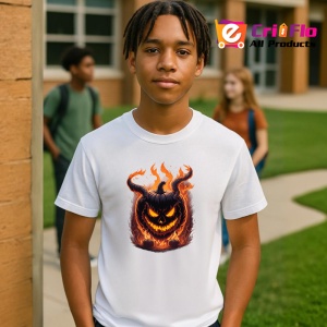Tricou Dovleac Halloween cu coarne si flacari portocalii Copii | Dama | Barbat - Img 5