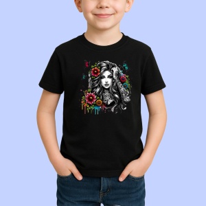 Tricou Elegant black hair flower burst, fata cu par negru si explozie florala, Copii | Dama | Barbat , tricou negru - Img 2