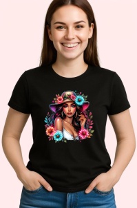 Tricou Elegant woman pink hat flower detail, femeie eleganta cu palarie roz si flori, Copii | Dama | Barbat , tricou negru