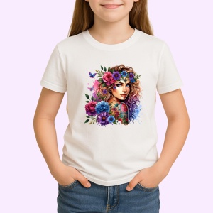 Tricou floral crown blue pink look, fata cu coronita albastru roz si tatuaje, Copii | Dama | Barbat - Img 3
