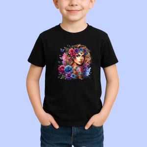 Tricou Floral crown blue pink look, fata cu coronita albastru roz si tatuaje, Copii | Dama | Barbat , tricou negru - Img 2