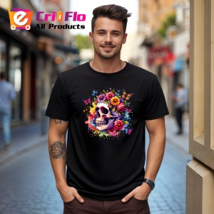 Tricou Floral skull pastel pop, craniu pastel cu explozie florala, Copii | Dama | Barbat , tricou negru - Img 10