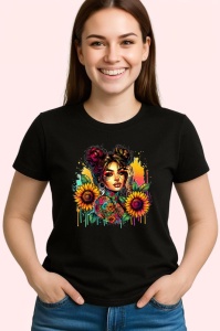 Tricou Floral tattoo girl sunflower pop, fata tatuata cu accent floarea soarelui, Copii | Dama | Barbat , tricou negru - Img 3