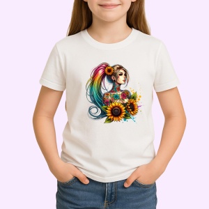 Tricou flower crown girl side profile, fata cu profil lateral si coroana de flori, Copii | Dama | Barbat - Img 3