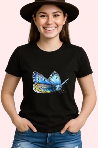 Tricou Fluture albastru cu galben model simetric ilustrat Copii | Dama | Barbat, negru - Img 4