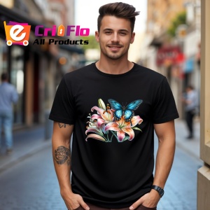 Tricou Fluture albastru cu negru pe flori de crin desen vibrant Copii | Dama | Barbat, negru - Img 6